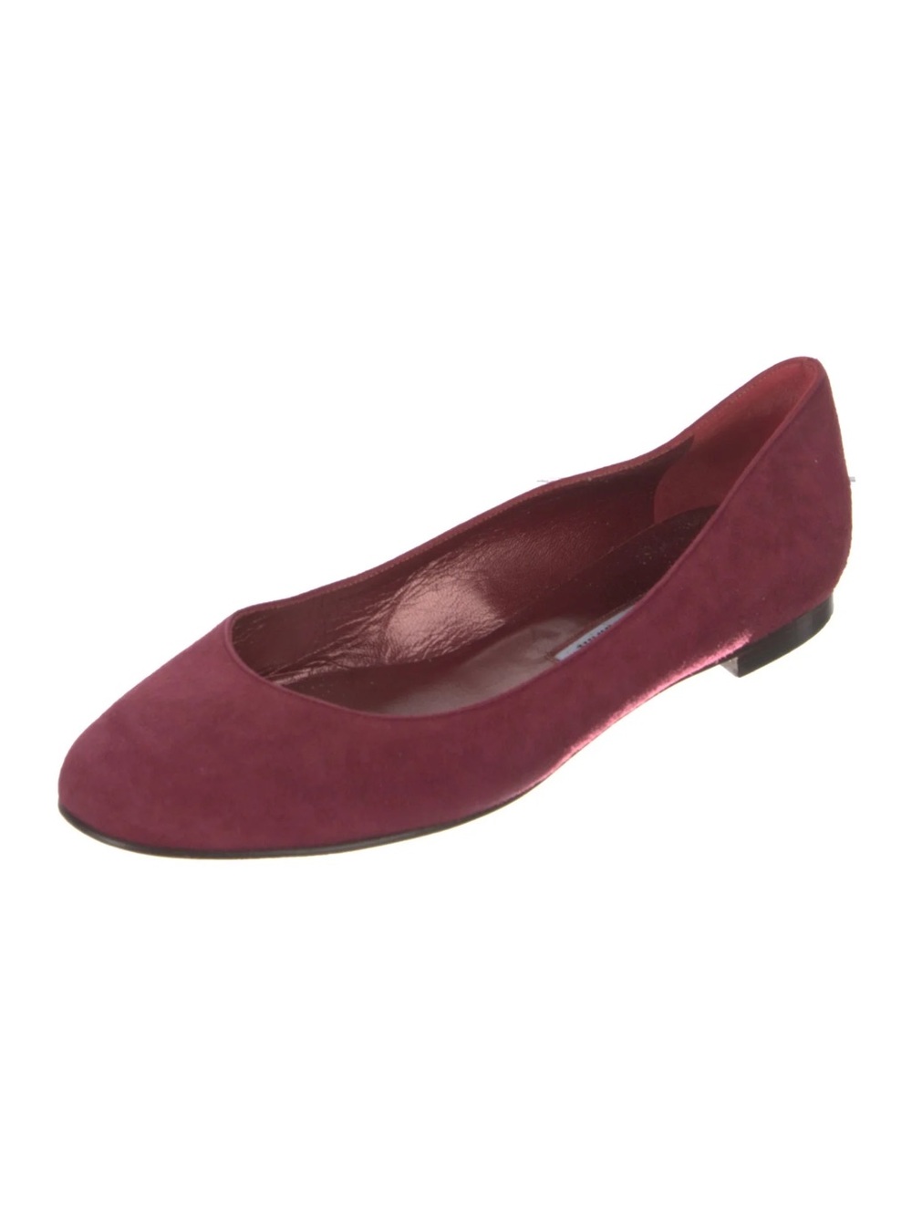 Manolo Blahnik. Burgundy Suede Tere Round-Toe Skimmer Ballet Flat. 37.5.